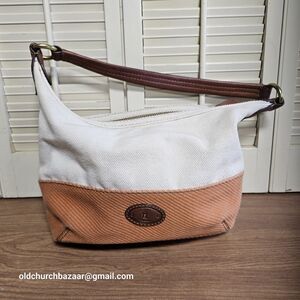 FOSSIL TATE SMALL ORANGE+BROWN LEATHER,CANVAS HOBO,HAND BAG,PURSE Pre-loved